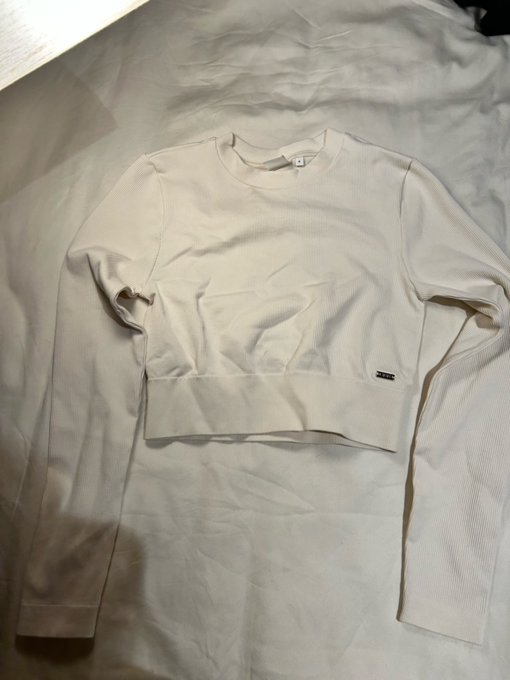 Ribbed Long-Sleeve Cropped Top in Off-White